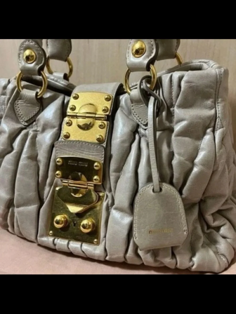 Miu Miu Quilted Cream Leather Satchel with Gold Hardware